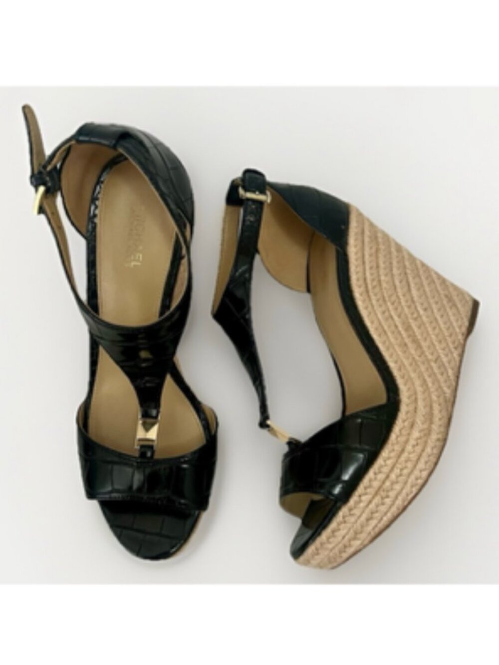 Michael Kors Fanning Espadrille Wedge Shoes Women’s Sz 8 Black Faux Leather Jute